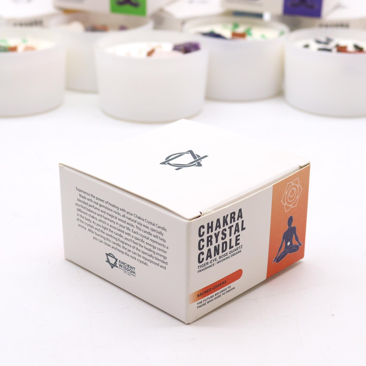 Label design of Sacral Chakra Candle with chakra symbol and creative energy intention