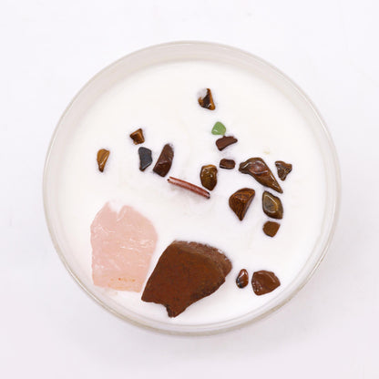 Top view of Sacral Chakra Candle showing crystal-infused soy wax and warm orange color