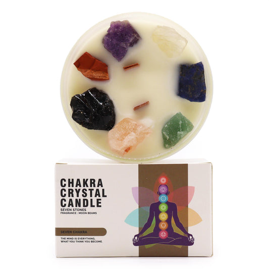 Seven Chakra Candle with crystal gemstones for energy alignment, chakra balance, and spiritual harmony