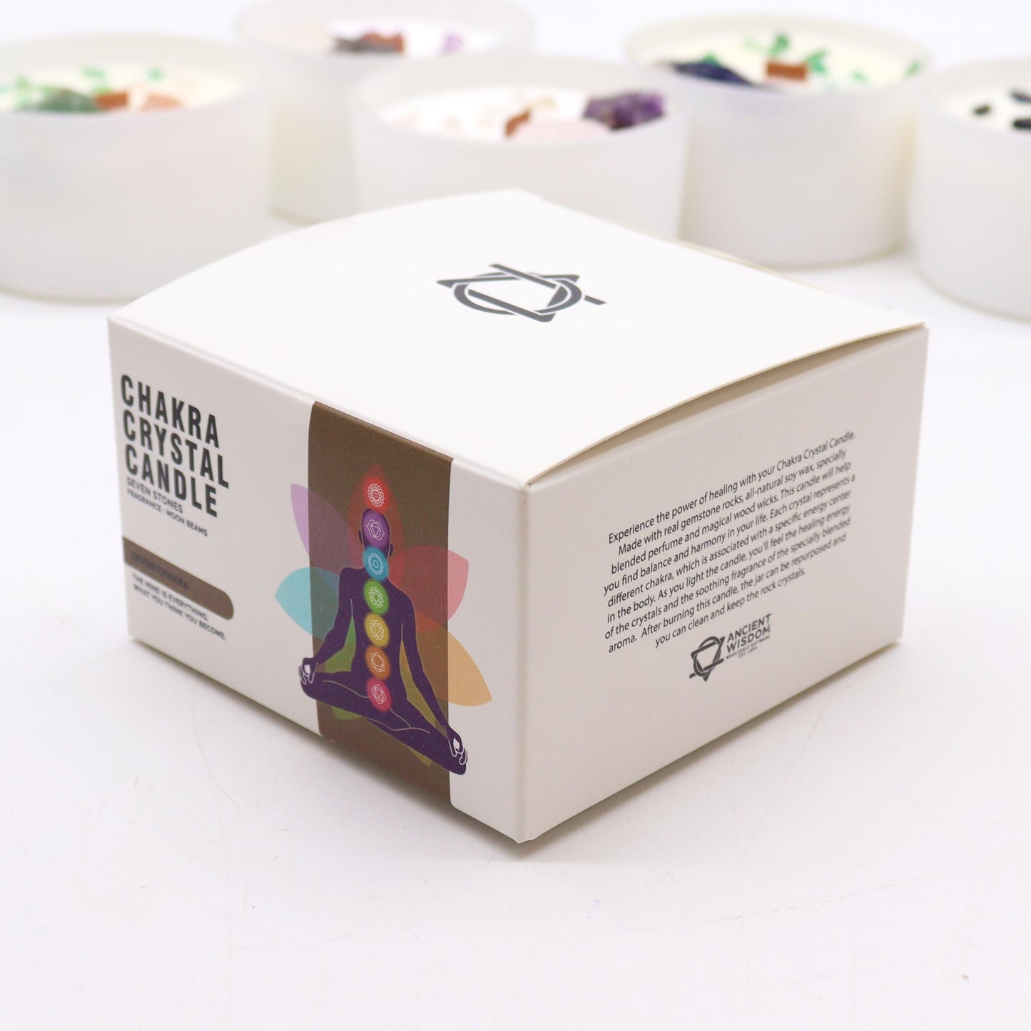 Product label of Seven Chakra Crystal Candle for chakra meditation, energy work, and inner balance