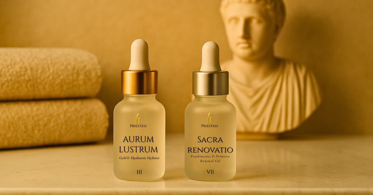 Two skincare serum bottles labeled 'Aurum Lustrum' and 'Sacra Renovatio' on a wooden surface with a classical bust in the background.