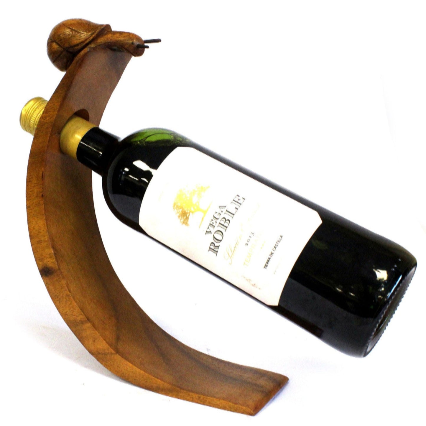 snail-shaped wooden wine holder with a central hole, eco-resin finish.