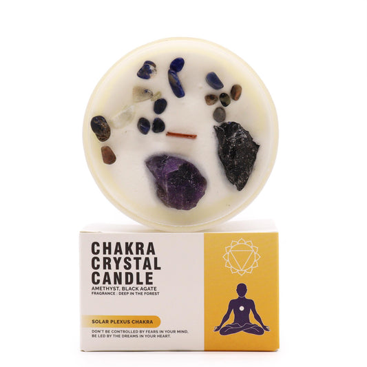 Solar Plexus Chakra Candle with Amethyst and Black Agate Crystals for Confidence and Personal Power