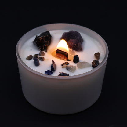 Lit Solar Plexus Candle with Deep in the Forest scent for empowerment rituals and chakra alignment