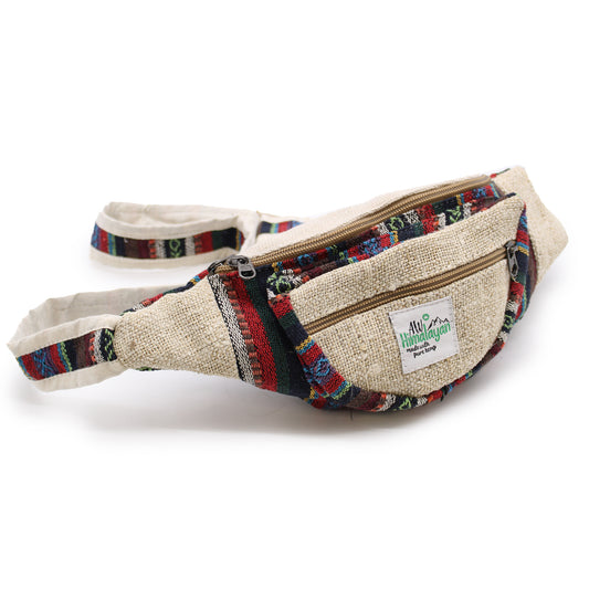 Front view of handmade hemp and cotton bum bag with colorful woven detail, sustainable and eco-friendly festival accessory