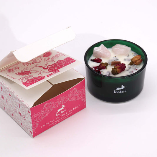 The Lovers crystal candle with Rose Quartz and rose petals for love, harmony, and emotional connection