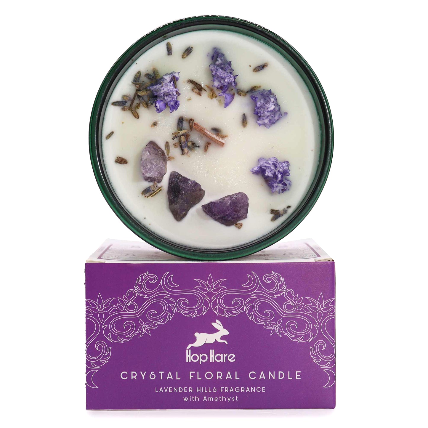 Top view of The Moon Candle showing soy wax, Amethyst crystals, and floral infusion for lunar rituals