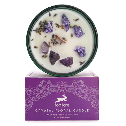 Top view of The Moon Candle showing soy wax, Amethyst crystals, and floral infusion for lunar rituals