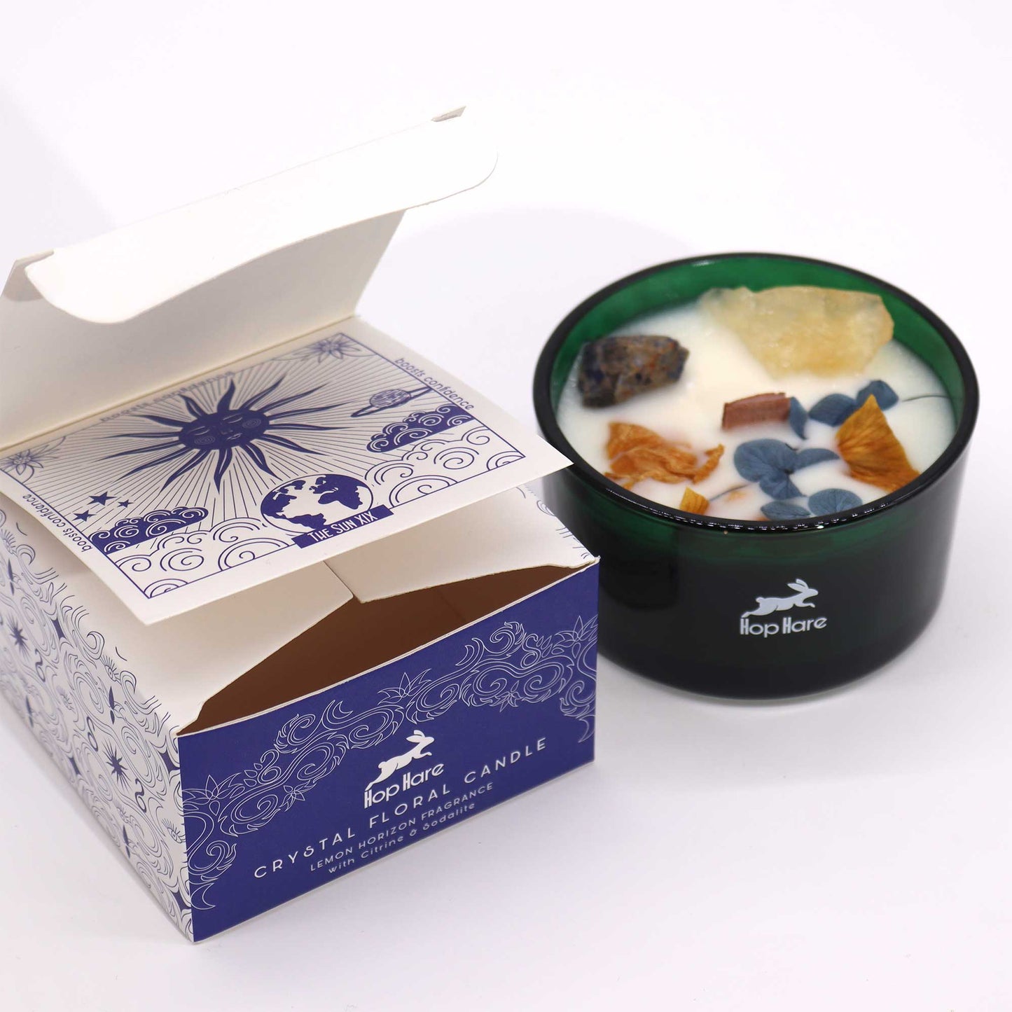 The Sun crystal candle with Citrine and Sodalite for joy, clarity, and radiant energy rituals