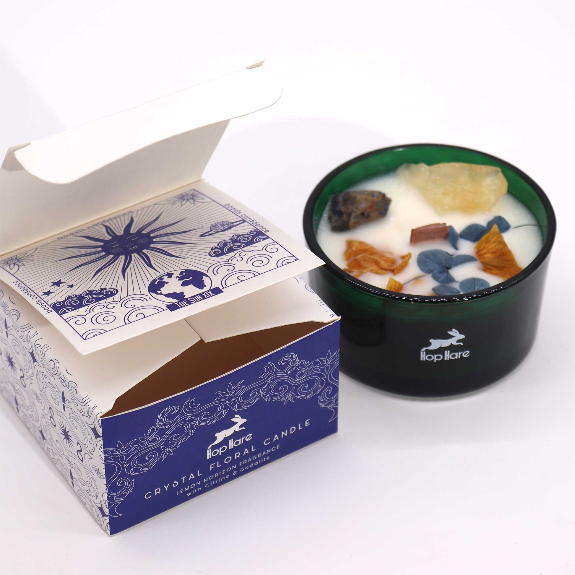 The Sun crystal candle with Citrine and Sodalite for joy, clarity, and radiant energy rituals