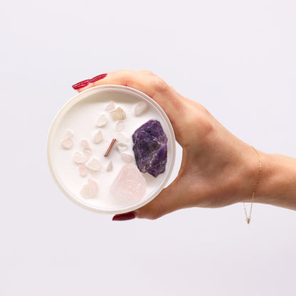 Third Eye Chakra Candle styled in a spiritual setting with crystals, altar tools, and meditation accessories