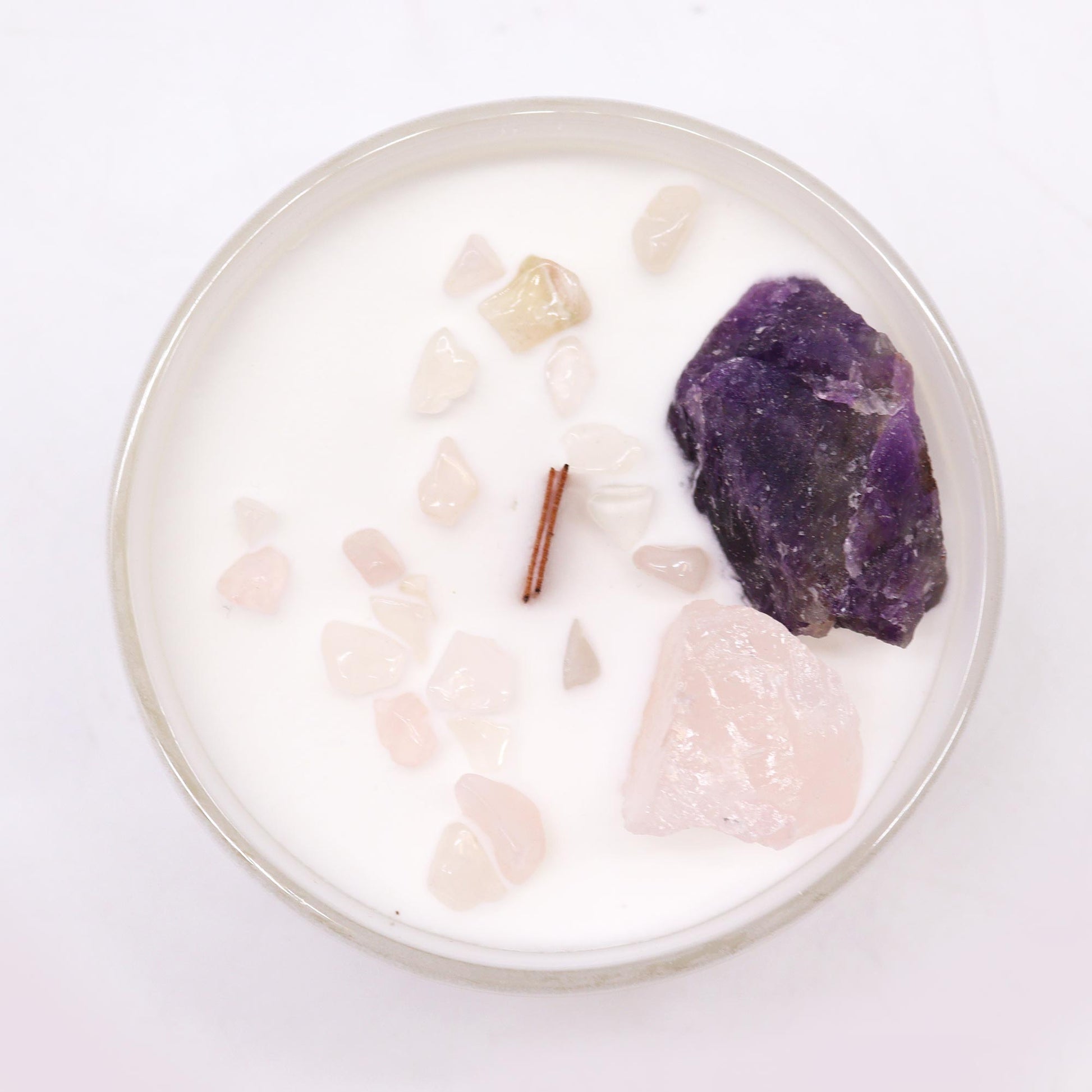 Top view of Third Eye Chakra Candle with crystal-embedded soy wax and indigo color for chakra alignment