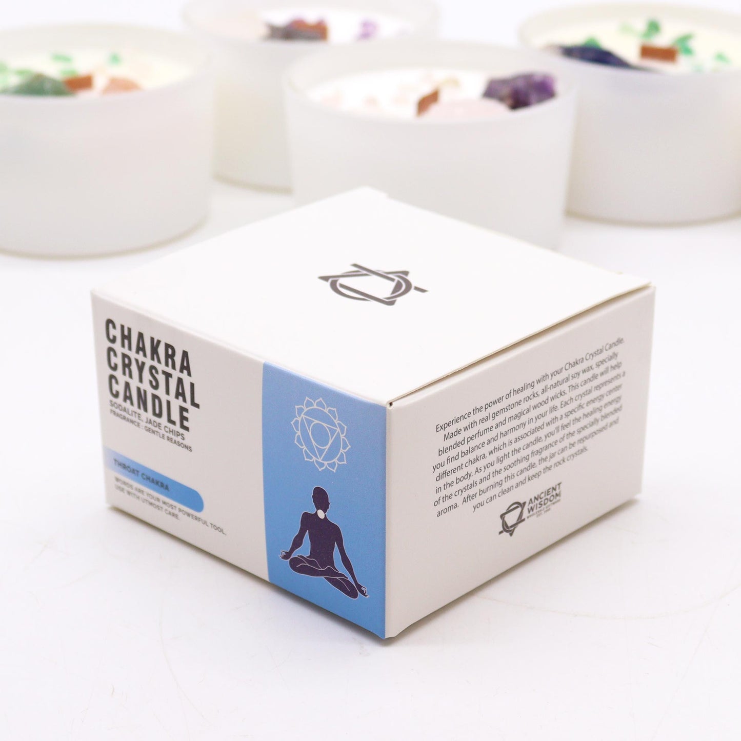 Product label of Throat Chakra Candle for voice activation, energy clearing, and truth alignment