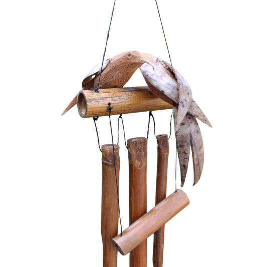 Handcrafted twin bird wind chime made from coconut shell and bamboo, shown on white background for garden or patio decor